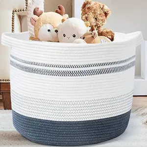 Blanket Basket 100% Cotton Rope Woven Baskets for Storage - 22"Wx14"H 90L XXX-Large Laundry Basket with Soft Handle Rope Basket for Living Room, Toy, Pillow & Clothes - Grey & White woven storage
