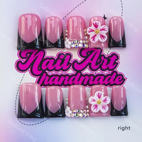 Delicatething Y2K Style Duckbill Nail Set, Nail Art Kit, Nail Art Supplies, Nail Art Products, Nail Art Handmade Press On French Design with Colorful Diamonds, Includes Adhesive Jelly Glue & Dead Skin Pusher, Perfect Gift for Women