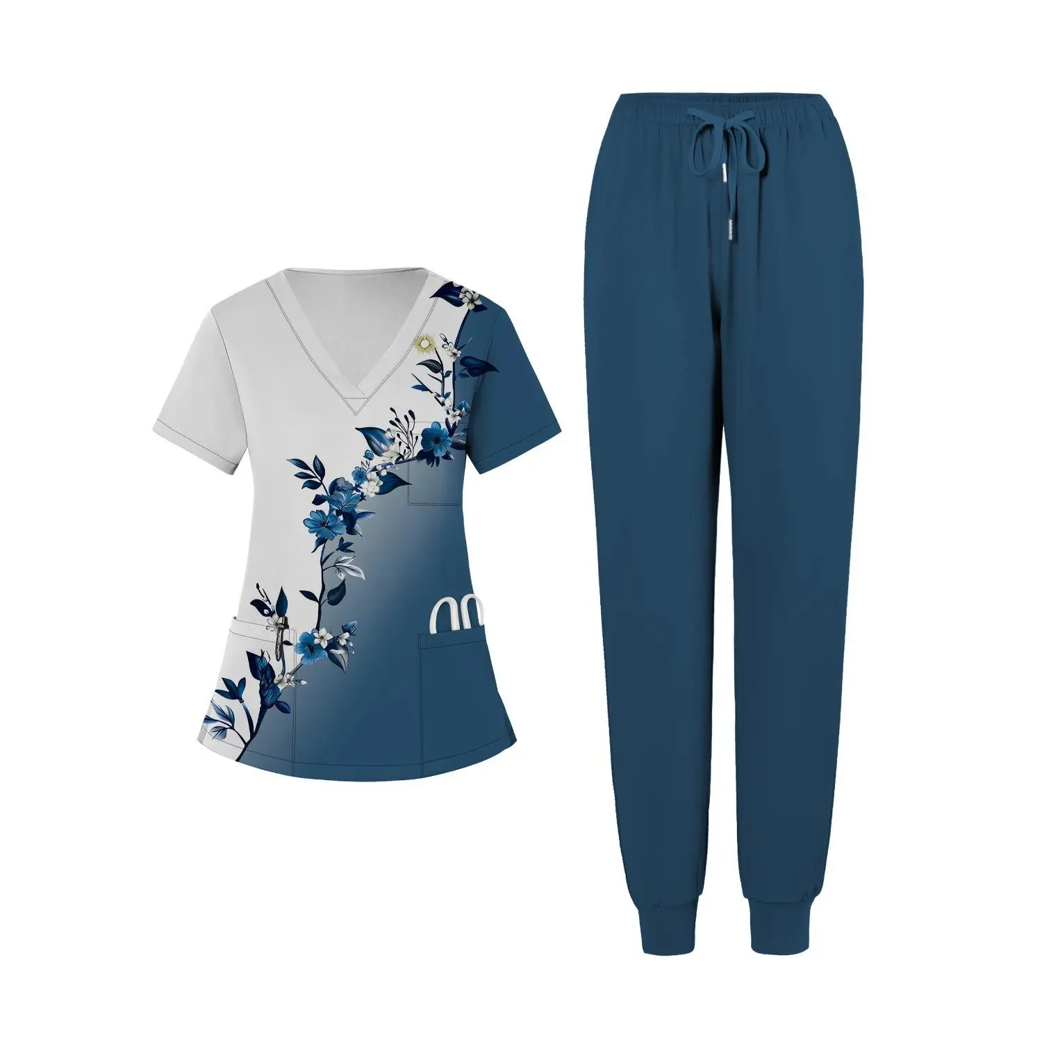 Women's Breathable V-Neck Brushed Print Uniform Shirt and Pocket Pants Workwear Set