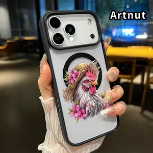 Magnetic Phone Case Compatible with iPhone 17 Pro Max 16 Plus 15 14 13 12 11 Air E Chicken in Floral Hat Pattern Acrylic Shock-resistant Ultra Slim Phone Cover for boy girl