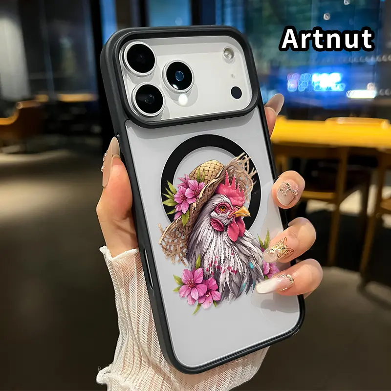 Magnetic Phone Case Compatible with iPhone 17 Pro Max 16 Plus 15 14 13 12 11 Air E Chicken in Floral Hat Pattern Acrylic Shock-resistant Ultra Slim Phone Cover for boy girl