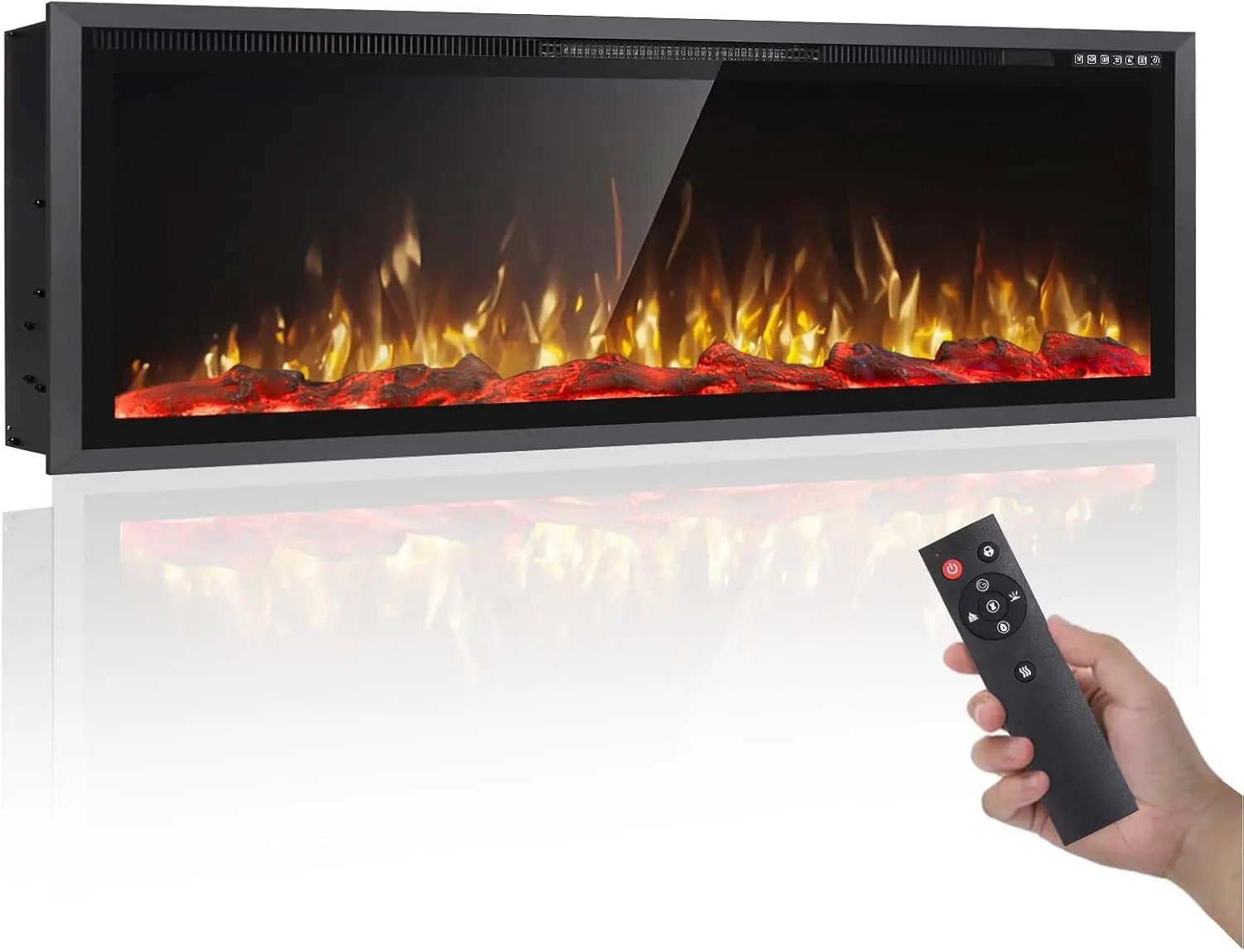 PUKAMI 60" Rectangular Electric Fireplace - Ultra Narrow Aluminum Frame Wide Screen Wall-Mounted Insert with Heater, Thermostat, Child Lock, Touch Control, Adjustable Flame Color/Brightness, Remote, Timer, Resin Birch Log, 750/1500W