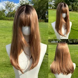 SMILCO 26Inch Ombre Deep Brown Ash Copper Layerd Long Straight With Bangs Synthetic Wig/SM550