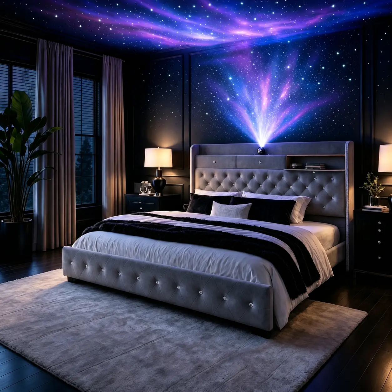 Torana Queen LED Storage Bed Frame with USB Charging Station, Smart RGB Lights, Velvet Wingback Headboard, No Box Spring Needed, Easy Assembly, Gray