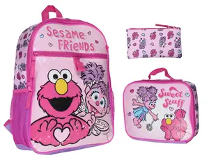 Sesame Street Friends Elmo Abby Cadabby 3 PC Backpack Lunch Box Pencil Pouch 16"