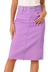 INSPIRE CHIC Casual Jean High Waist Back Slit Stretch Denim Skirt Light Purple