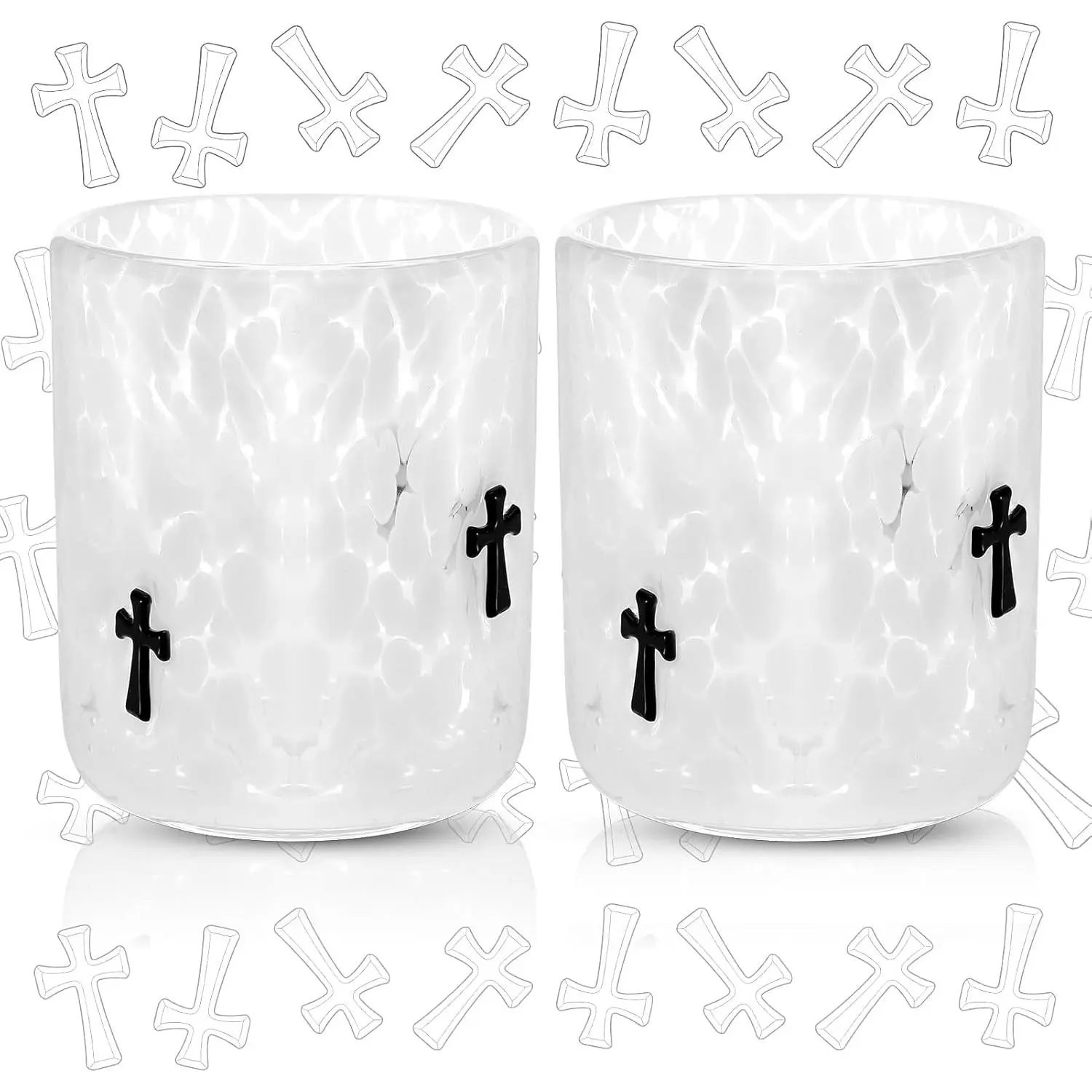 Christian Aesthetic 2-Piece 14oz Black Cross Symbol Hand Blown Stemless Drinkware Set, Reusable Church Kitchen Cups for Men, Birthday Gift Supplies