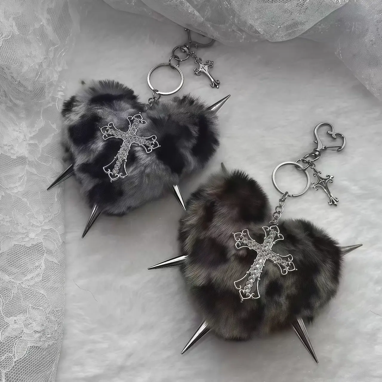 Punk Plush Heart Rivet Keychain Punk-Inspired Leopard Print Cross Keychain with Rivet Details, Edgy Rock-Style Heart Bag Charm Accessory, Gothic Aesthetic Keyring for Bags, Purses, and Keys, Stylish Decorative Key Charms