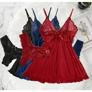 Summer Sexy Lingerie Dress Women Lace See Through Nightdress Sleepwear Solid Slim Soft V Neck Full Slip Sleepwear & Dresses,for Spring/Fall, Machine Washable Innerwear Outerwear