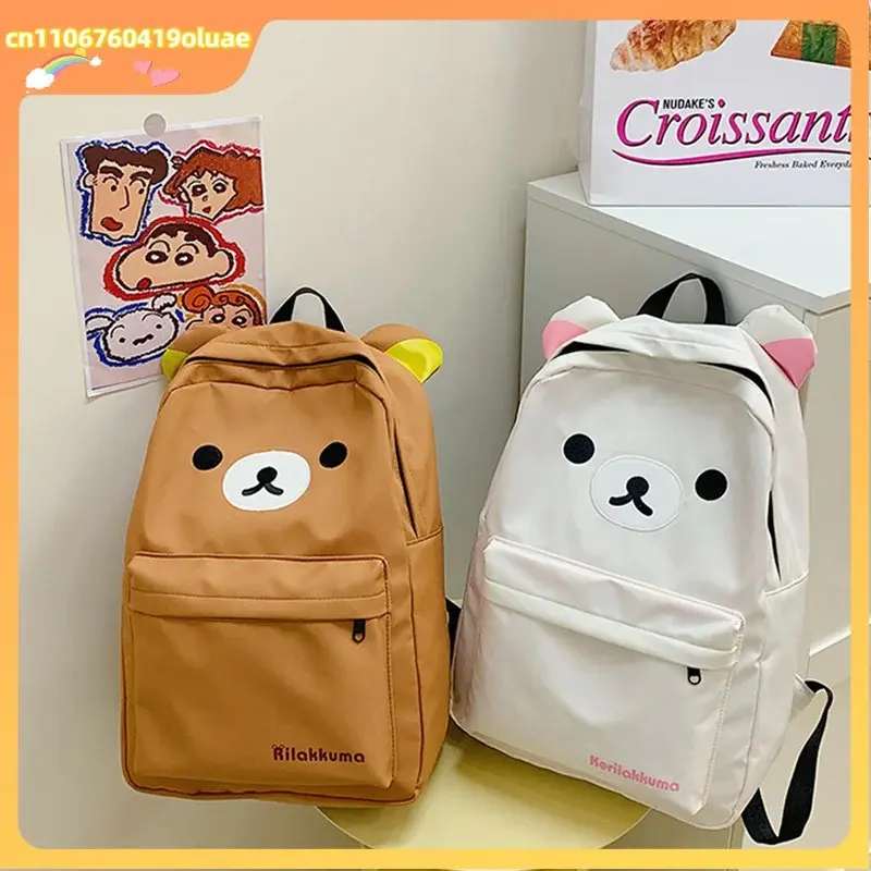Rilakkuma Cute Bear Anime Print Backpack, Large-Capacity Nylon Stylish Shoulder Bag for Students