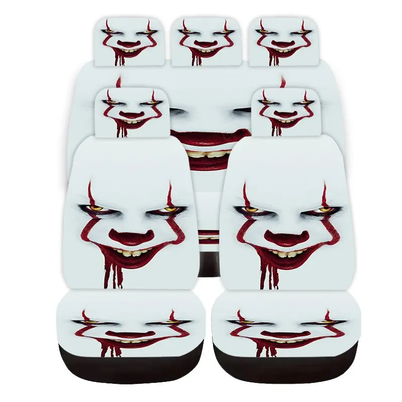 9-Piece Universal Car Seat Covers, Clown Design, Thickened Print, Elastic Fabric, Fits Tesla Mdy, Small Cars, Suvs, Halloween, Christmas Gift