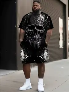 Men's Summer Streetwear Skull Print Two-Piece Set, Comfortable Loose-Fit T-Shirt and Shorts, Casual Home Leisure