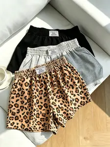 3 Pcs Trendy Women's Casual Loose Shorts, Elastic Waist Sweatpants, Leopard Print & Solid Colors, All-Season Versatile Ladies' Bottoms, Elastic Waistband Shorts