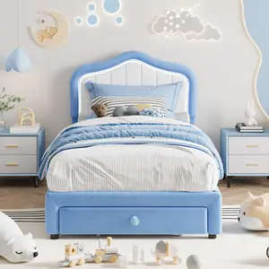 Upholstered Twin-XL Size LED Bed Frame with Storage Drawer,Velvet Princess Platform Bed Frame for Kids/Girls,Wooden Slats Support,No Box Spring Needed,Easy Assembly,Blue