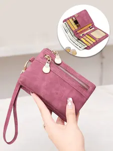 Women's three fold wallet, RFID anti-theft brush, multi slot card bag wallet, with zipper pocket and wristband, high-end fashionable handbag, portable short wallet for daily use, Rfid Wallets, Rfid Trifold Wallet