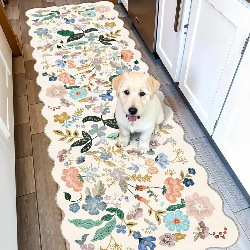 2x6 Washable Hallway Runner Rug: Floral Kitchen Rugs with Non-Slip Backing Vintage Low Pile Entryway Carpet for Living Room Bedroom Ultra Soft Water Resisitant Floor Mat for Bathroom Laudry(2x6,Cream)