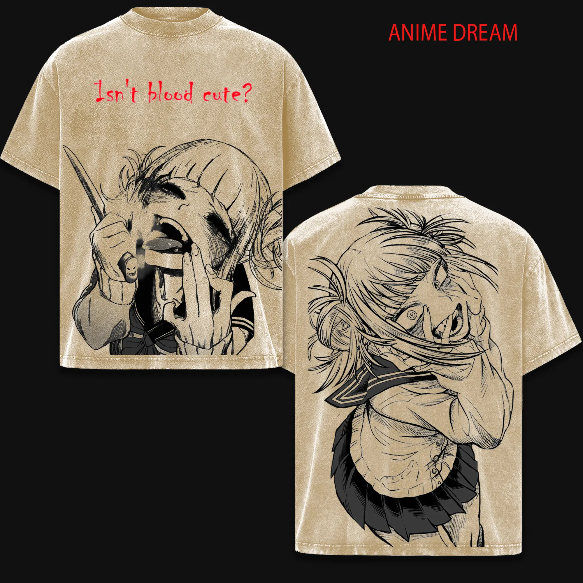 Himiko Toga My Hero Academia Anime Double Printed Vintage Washed Tee Unisex Oversize Anime Manga Washed Heavyweight Cotton T-shirt