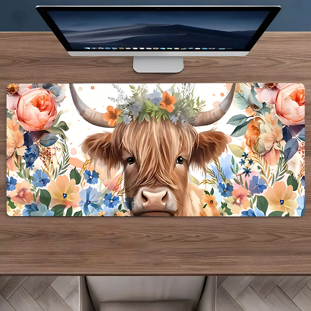 Colorful Flower Cute Cow Large Gaming Mouse Pad,Aesthetic Desktop Drotection Pad,Washable Rubber Pad Non-Slip Lock Edge Multi-Size Mouse Pad Suitable For Home Office,Good Gift for Family and Friends, Desktop Accessory, Office Desk Accessories