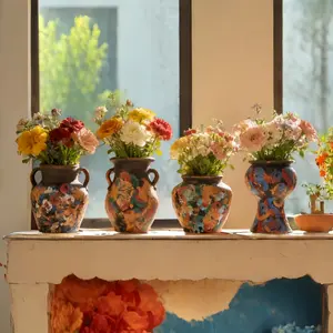 Large-Caliber Ceramic Flower Arrangement Vase, European & American Artistic Style, Water-Fillable for Fresh Flowers, Living Room Decoration