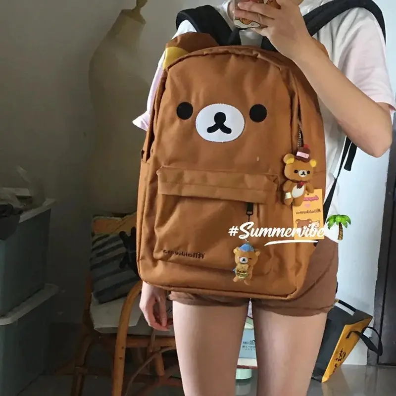 Rilakkuma Kawaii Cartoon Backpack Waterproof Nylon Large Capacity Embroidery School Bag For Young Adult Daily Travel Campus Work