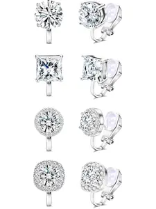 Cubic Zirconia Clip on Earrings - Women Hypoallergenic Comfortable Non Pierced Stud Earrings for Wedding and Dance Competitions, Clip-on Earrings Silver Gold, High Quality Earrings, Hoop Shape Earrings