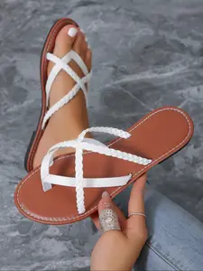 Women's Flat Sandals, Fashion Woven Strap Slip-On Toe Thong Slippers, Summer Outdoor Walking Shoes, Casual Vacation Beach Sandals, Footwear For Beach