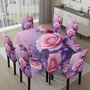 5/7-piece 2D Flat Printing Happy Spring Pink Purple Flowers Strawberries Printing Pattern Tablecloth and Chair Cover Set, for dining table and chair decoration, perfect for home, holiday gatherings, restaurants, and parties.