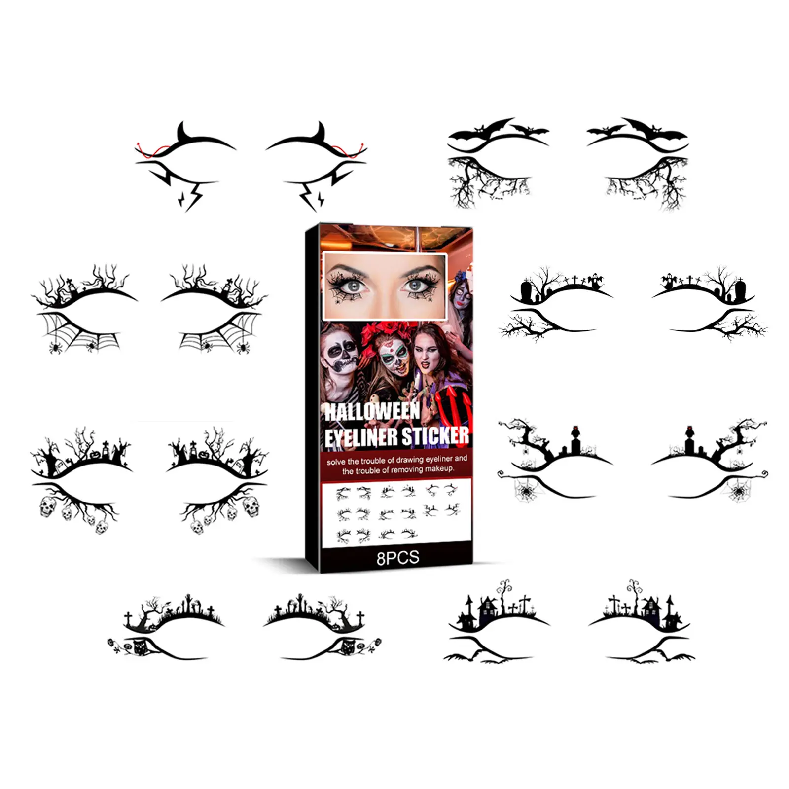 Halloween Eyeliner Stickers - 16 Spooky Designs for Instant Bat & Gothic Cat Eyes Lipliner Makeup No Makeup Skills Needed Pack