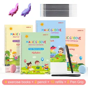 Children's Day gift，Reusable Grooved Handwriting Workbook for Kids, Learning Materials, 4 Books–Early Elementary, Covers Math, Alphabet, Number,Drawing –Gift for Children