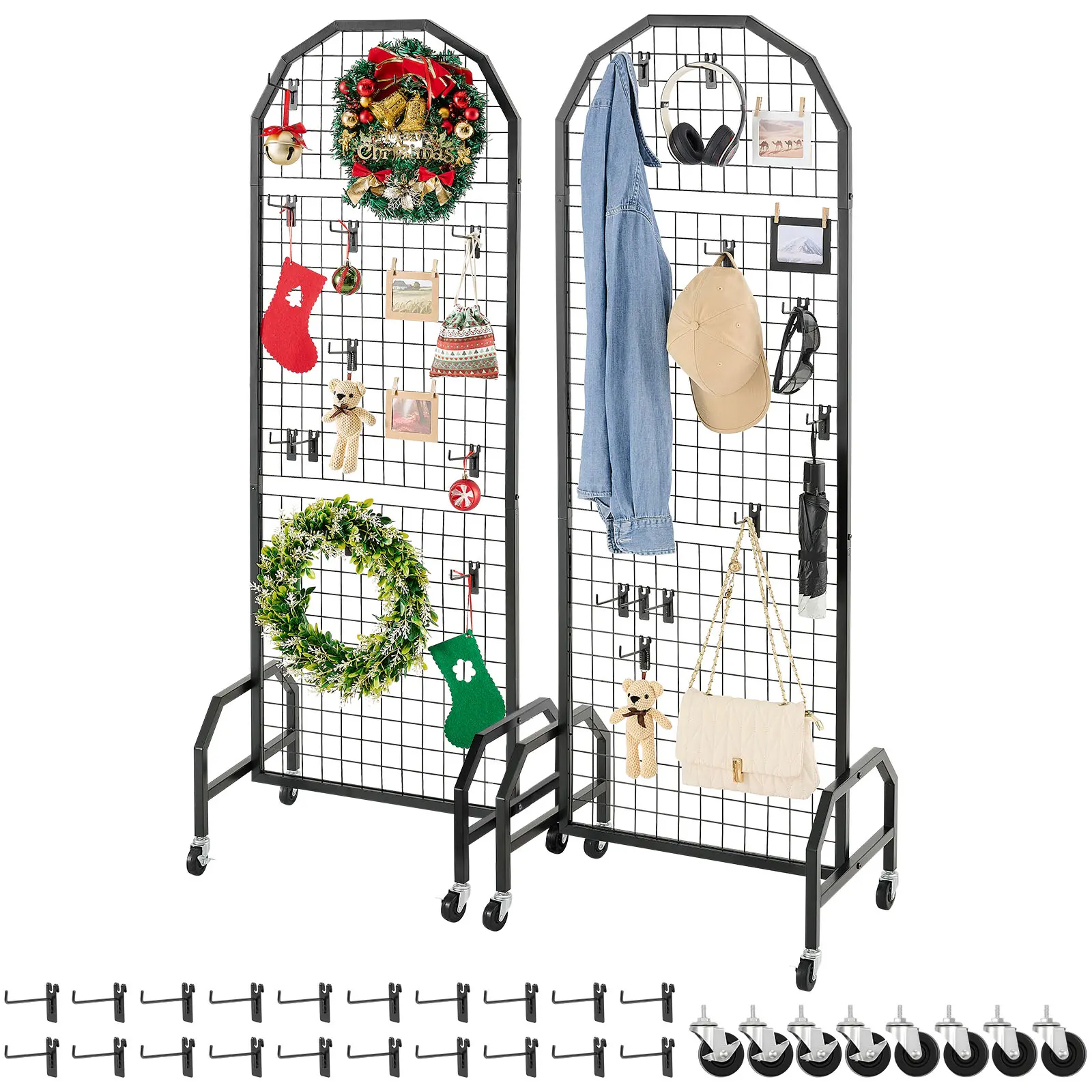 VEVOR 2-Pack Rectangle Heavy-Gauge Black Carbon Steel Decorative Grid Wall Panels & Freestanding Garment Rack, 1.9x5.4 ft, Movable Transport Wheels, 20 Hooks, Easy Installation with Assembly Guide, Home Organiser, Rubber