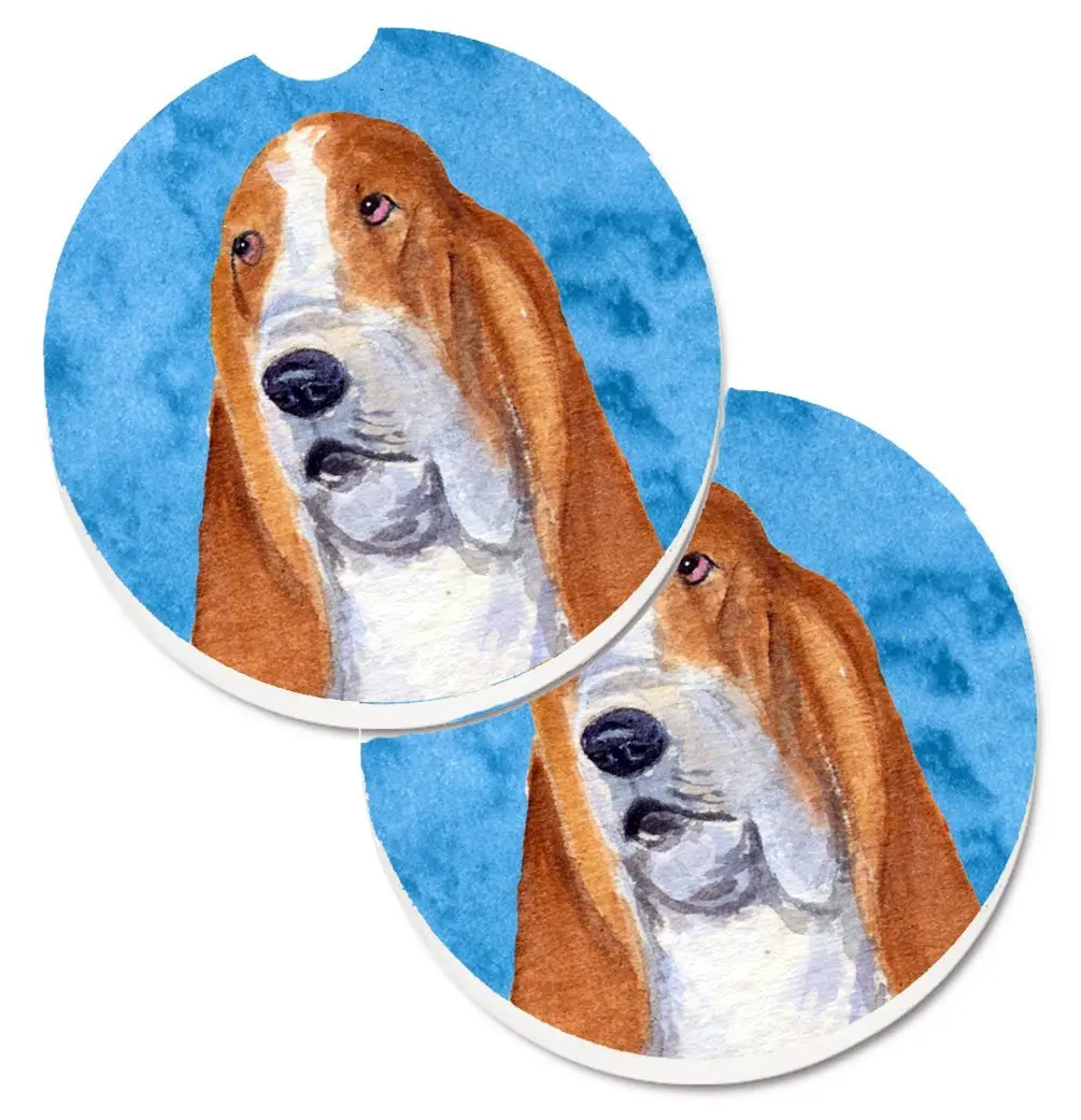 Blue Basset Hound Set of 2 Cup Holder Car Coaster