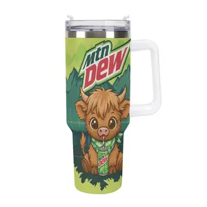 Mtn Dew Highland Cow Tumbler - 40oz Travel Mug with Handle and Straw - Cute Baby Cow Graphics, Mountain Landscape Design, Dew the Moo Adorable Highland Cow Mtn Dew Aesthetic 40oz Travel Cup, mother's day Perfect Gift for Soda Lovers & Farm Animal Fans
