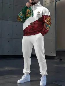 Men's Fall Winter Colorblock Hoodie Set, Hand-Drawn Graphic Sweatshirt, Long Sleeve Fitted Casual Wear, Comfortable Daily Fashion