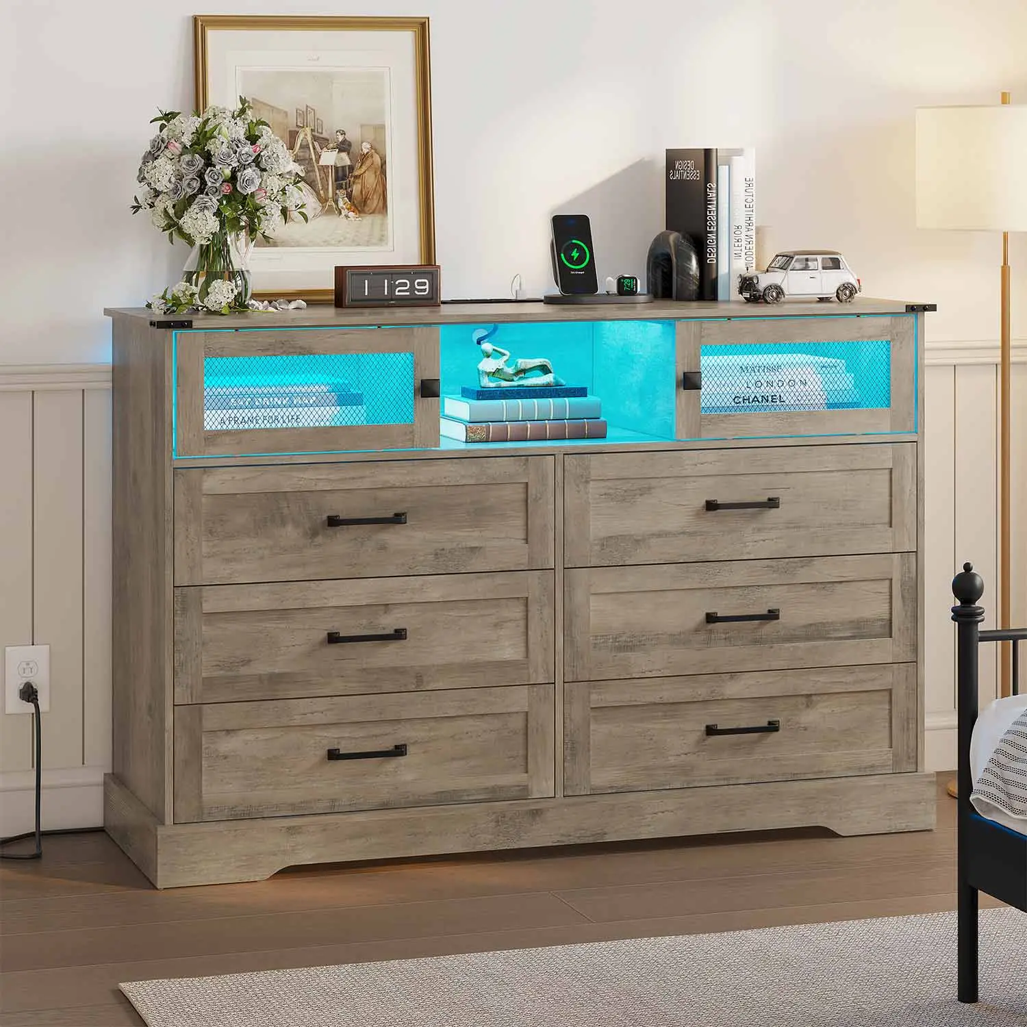 SIKAIC Farmhouse Modern Wood 6-Drawer Dresser with Barn Door, Rustic Oak Pedestal Unit with LED Lights for Bedroom Dresser Organization