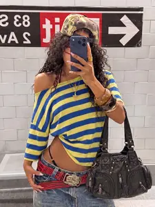 Women's Oversized Striped Off Shoulder T-Shirt 2026 Casual Streetwear Summer Daily Trendy Going Out Stylish Viral TikTok Fashion Essential