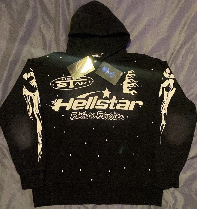 Men's Hellstar Faith To Stardust Graphic Hoodie, Black Oversized Pullover Sweatshirt, Casual Streetwear Winter Sports Outerwear Top