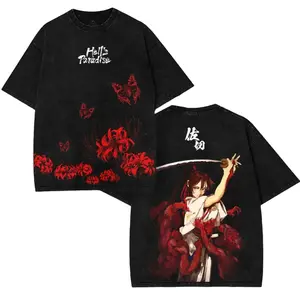 Hell Paradise 2 Anime Washed Tshirt Menswear Tops Soft Graphic Tee for Men – Simple Designer Shirts, Regular Fit Floral Print Tee in Cotton Fabric, Black Casual Style
