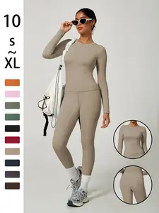 Women's Sporty Solid Color Top & Pants Set, Comfortable Tee & Slim Fit Leggings, Ideal for Daily Yoga & Fitness Activities, Skinny Sportswear