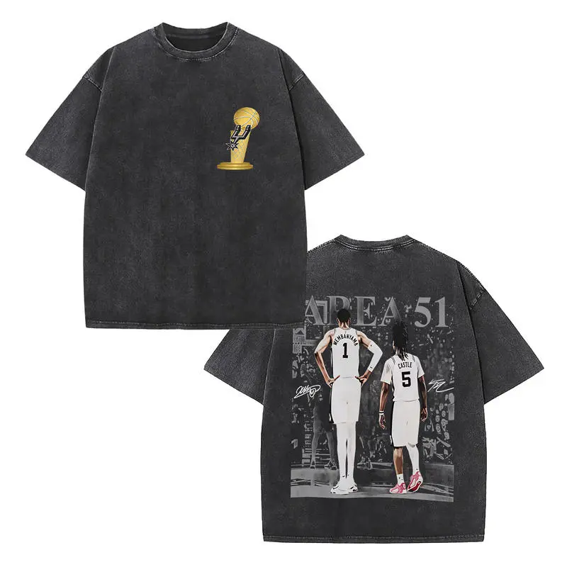 Retro Victor Wembanyama & Stephon Castle "Area 51 Spurs Duo" Championship Trophy Edition Graphic Double-Sided Vintage Washed Black T-Shirt, Unisex Oversized Heavyweight Cotton Streetwear Top, Ideal Gift for Spurs & Basketball Fans