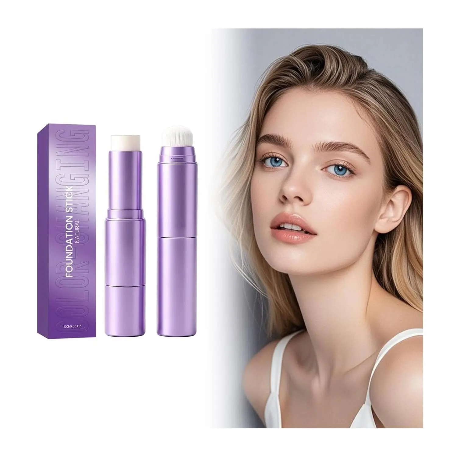 Changing Compact Cosmetic Foundation Stick for Mature Skin with Built-In Brush, Lightweight Smooth Color-Adapting Cream Concealer, Natural Coverage, Easy Blend, 10g Contour Highlighter, Under-Eye Brightener, Dark Spot Cover, Glowing Makeup