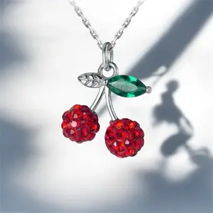 925 Sterling Silver Cute Cherry Necklace with Red Beads and Green Leaf Pendant