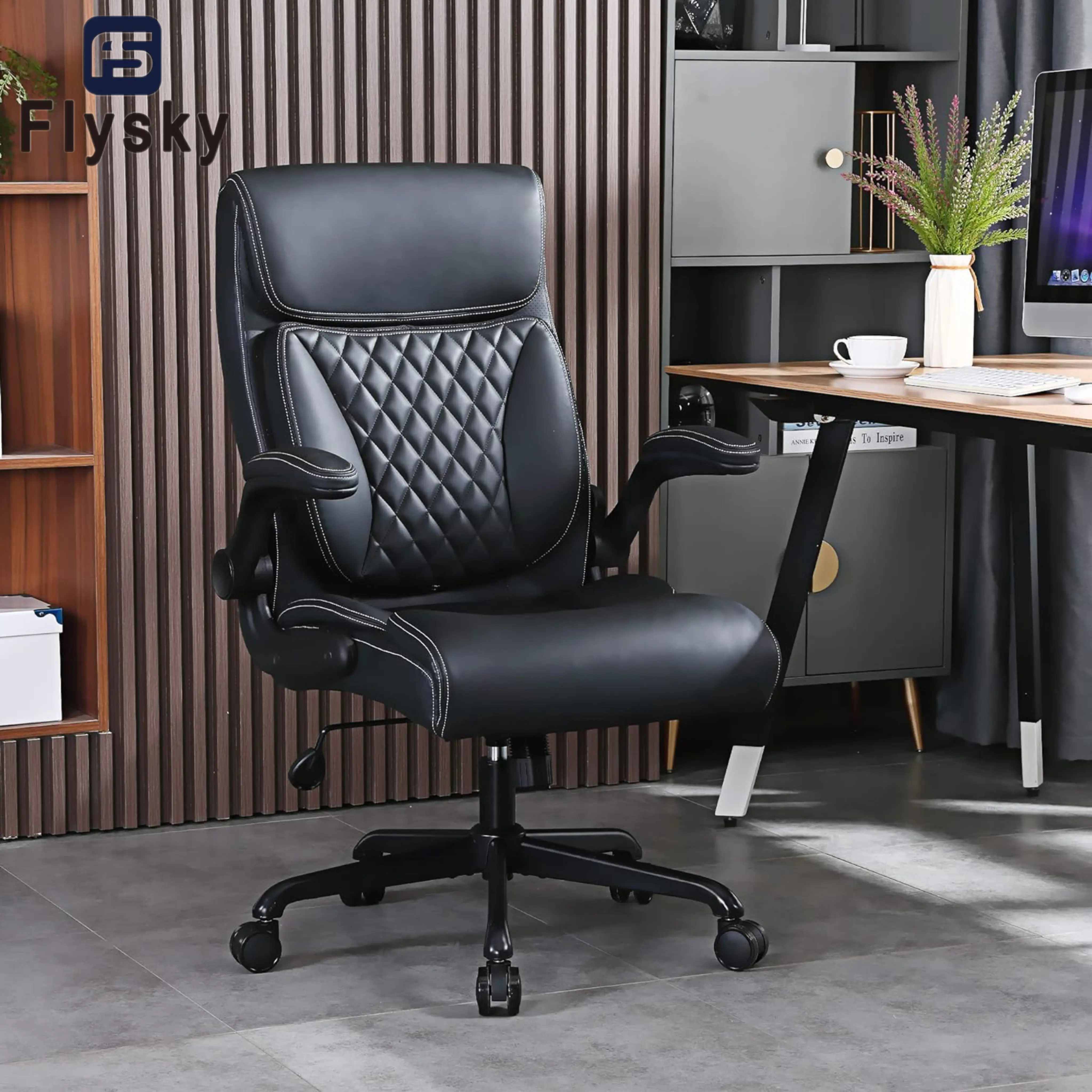 FlySky Durable Ergonomic High-Back Executive Chair - PU Leather, Cushioned Foldable Flip-Up Armrests, Lumbar Support, Height-Adjustable, Rolling Wheels, 400 lbs Capacity, Easy Assembly for Home Office, Gaming Room, Boardroom Use