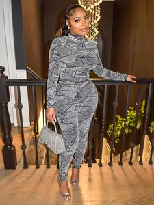 Women's All Over Geometric Print Crop Top & High Waist Skinny Pants Set, Casual Long Sleeve Mock Neck Top & Leggings, Women's Spring & Fall Outfits, Fall Clothing Women, 2 Piece Sets Women Valentine's Day, gift