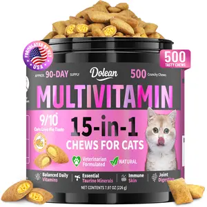 Taurine for Cats Vitamins Treats, 15 in 1 Cat Multivitamin Support Skin, Joint, Digestion & Immune Supplement, 500 Crunchy & Creamy Chews with Essential Vitamins for Cats of All Ages (90-Day Supply)