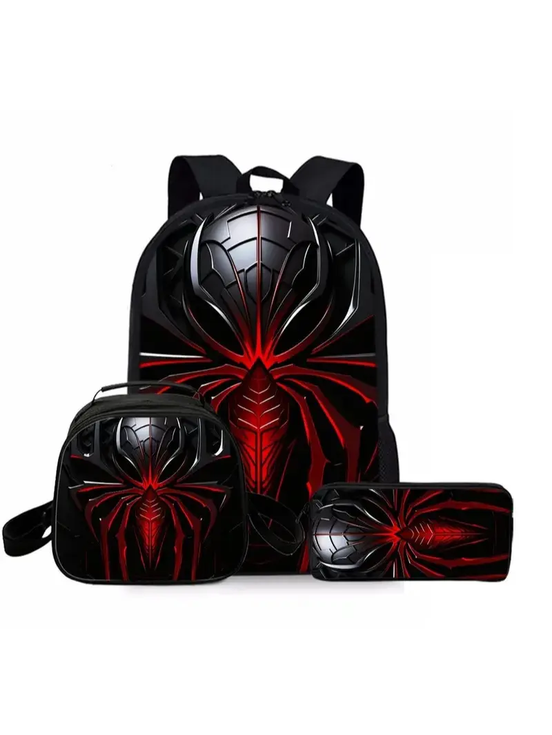 Mechanical Spider Print 3-Piece Multifunctional Backpack Combo Set with Lunch Bag & Pencil Case for Sports & Outdoor Gym Use
