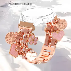 Fashion metallic Watch Band with Cute Pendant, Cuban Chain Watch Band for Women, Wearable Accessories Compatible with Samsung Galaxy Watch, Smart watch strap