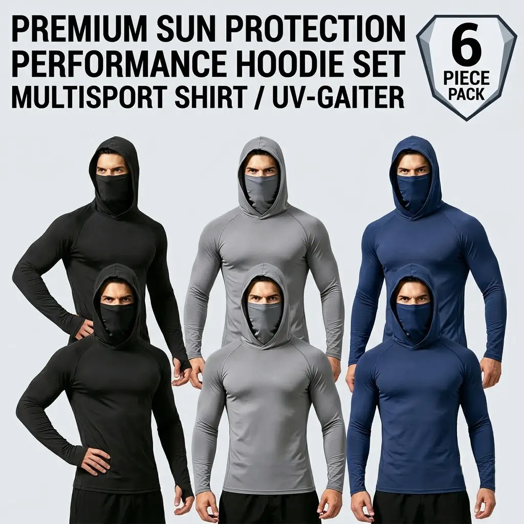 Men's 6-Pack Quick-Dry Breathable Sun Protection Fishing Hoodies with Face Mask Long Sleeve Hooded Shirts Lightweight Compression Sports Tops Outdoor Work Tactical Hiking Fishing Athletic Gear Summer Performance Running T-Shirts