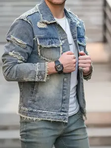 Men's Raw Wash Ripped Denim Jacket, Casual Long Sleeve Button Front Pocket Design Raw Hem Jean Coat for Daily Wear, Stylish Street Fashion Men's Clothes for All Seasons, Menswear