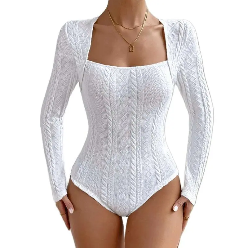 Women's Long Sleeve Bodysuits Square Neck  Body Suit Mesh Leotard Tops Double Lined Soft Breathable Casual