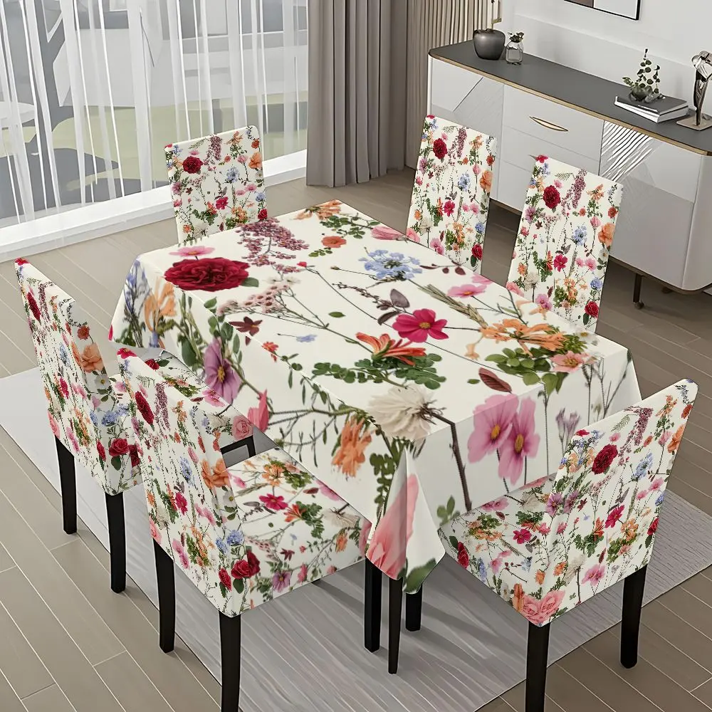 5/7-piece 2D Flat Printing Happy Spring with Blooming Flowers Printing Pattern Tablecloth and Chair Covers Set, for dining table and chair decoration, perfect for home, holiday gatherings, restaurants, and parties.